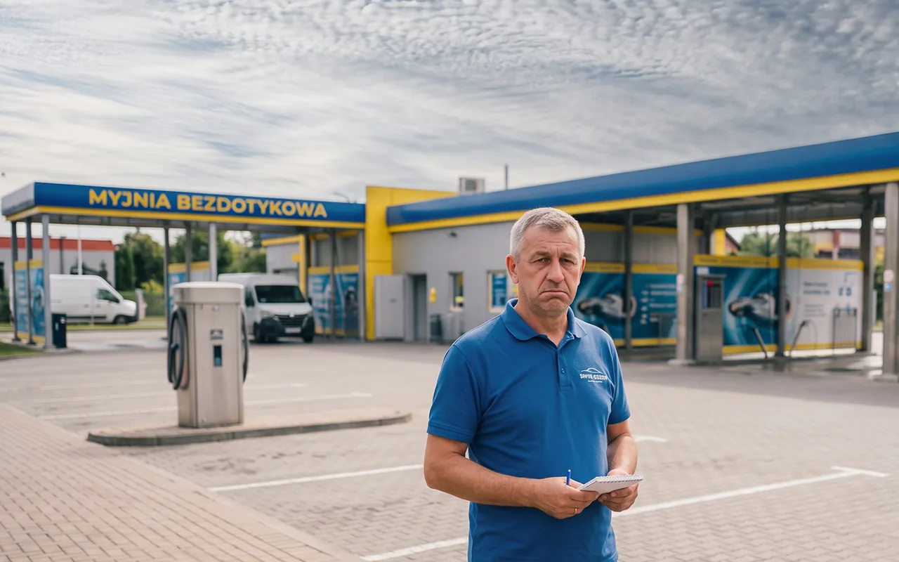 Zaniedbana, niedoinwestowana myjnia bezdotykowa w Polsce - wyblakłe banery, zniszczony plac, brak klientów