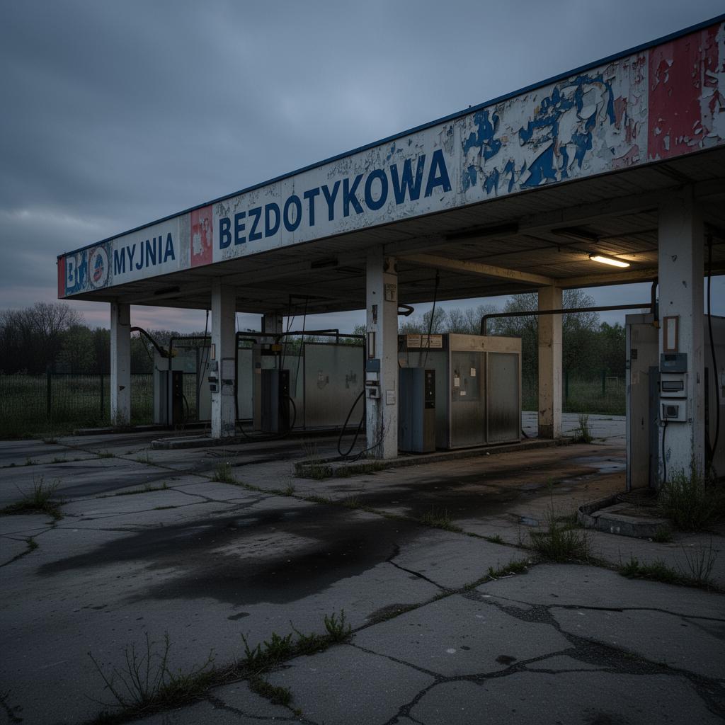 Zaniedbana, niedoinwestowana myjnia bezdotykowa w Polsce - wyblakłe banery, zniszczony plac, brak klientów
